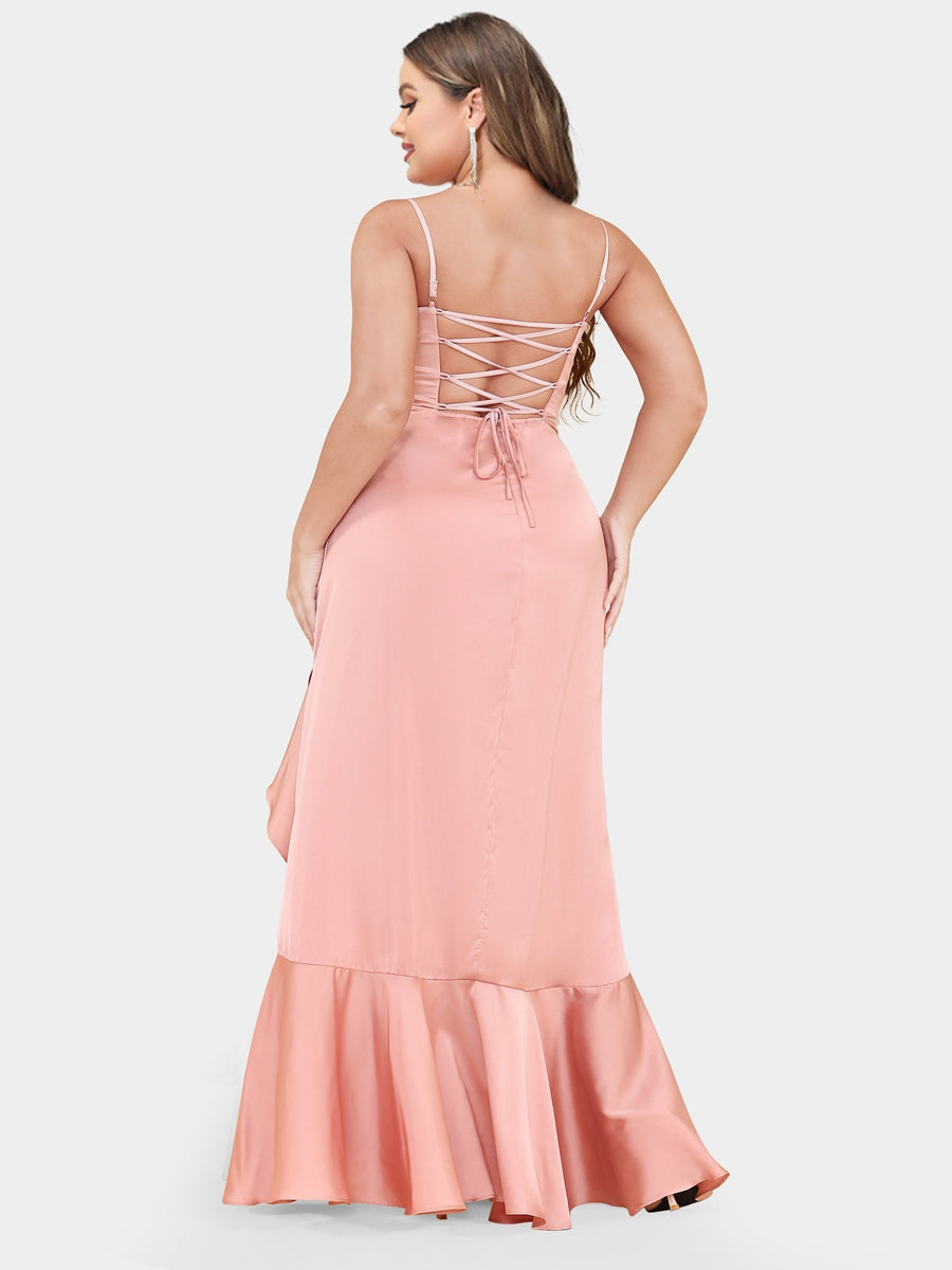 A-Line/Princess Spaghetti Straps Sleeveless Plus Size Bridesmaid Dresses with Ruffles - 画像 (2)