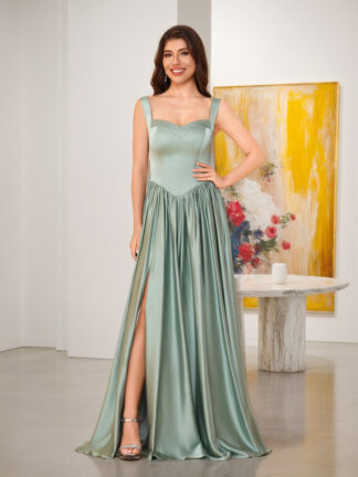 A-Line/Princess V-Neck Sleeveless Long Bridesmaid Dresses with Side Slit & Pleats