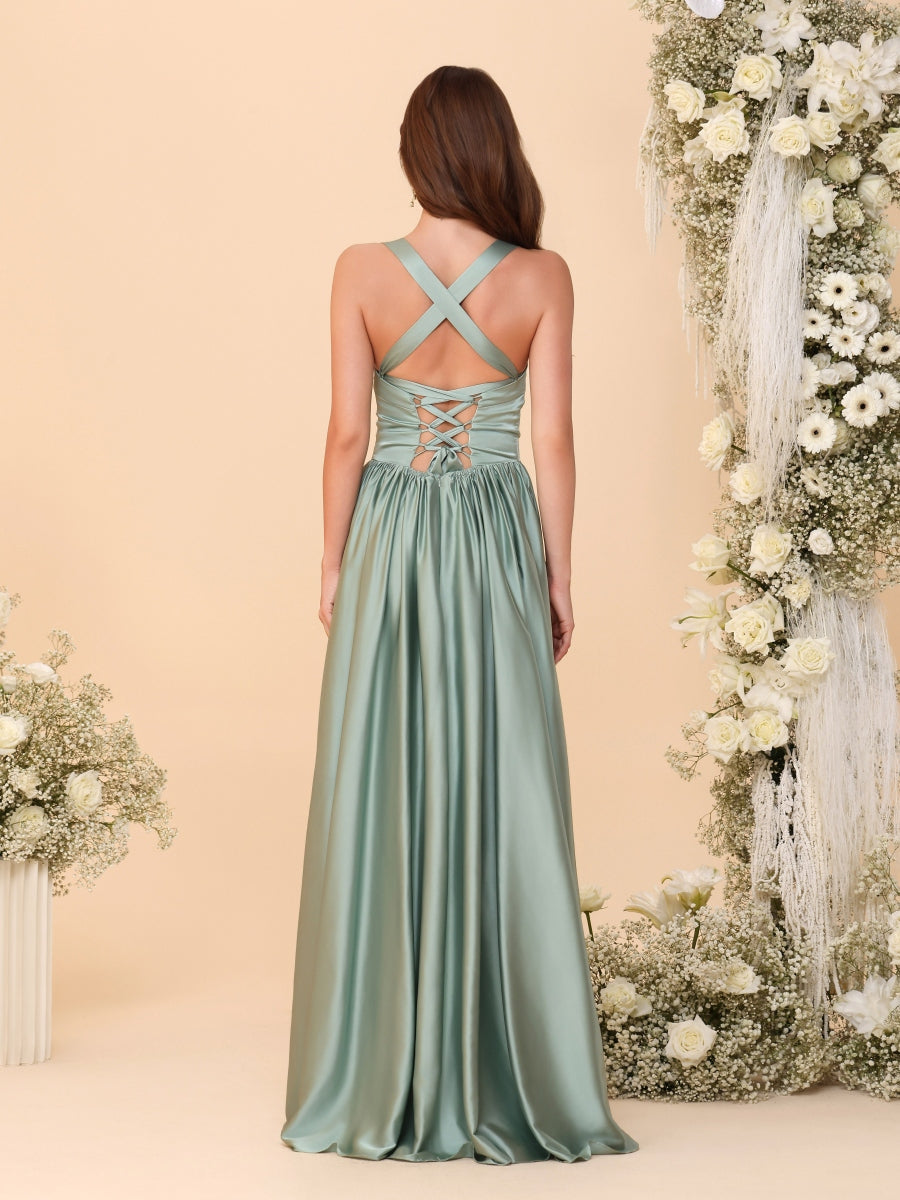 A-Line/Princess V-Neck Sleeveless Long Bridesmaid Dresses with Side Slit & Pleats - 画像 (2)