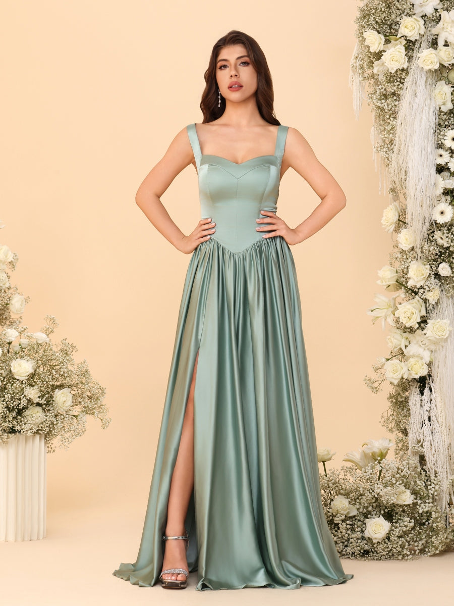 A-Line/Princess V-Neck Sleeveless Long Bridesmaid Dresses with Side Slit & Pleats - 画像 (3)