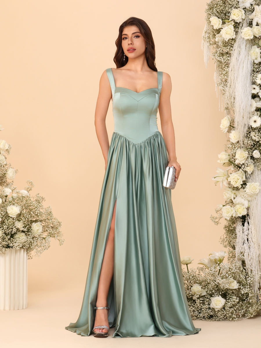 A-Line/Princess V-Neck Sleeveless Long Bridesmaid Dresses with Side Slit & Pleats - 画像 (4)