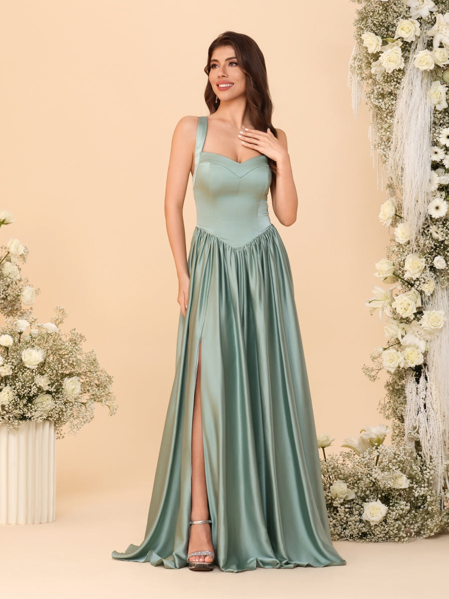 A-Line/Princess V-Neck Sleeveless Long Bridesmaid Dresses with Side Slit & Pleats - 画像 (7)