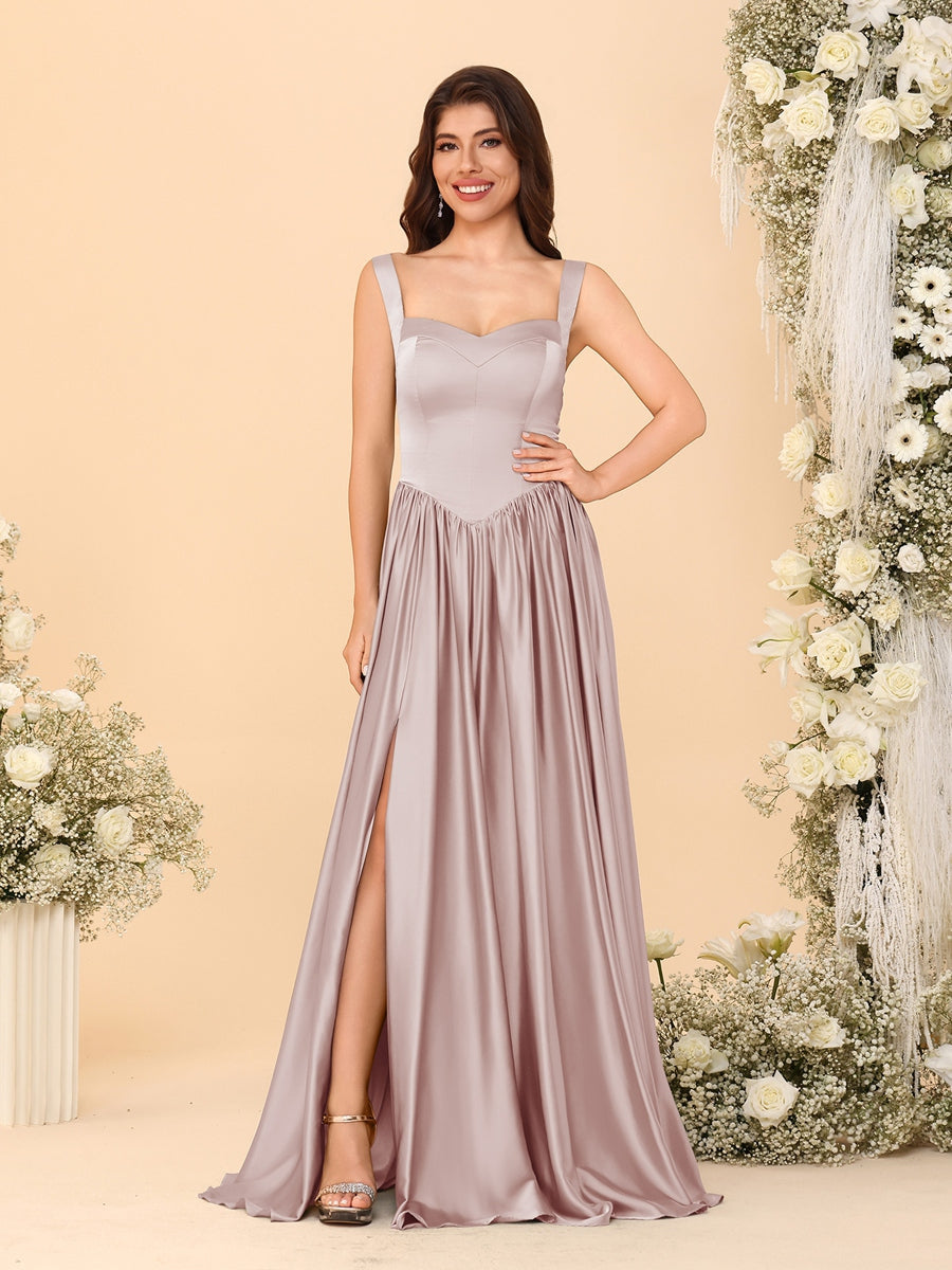A-Line/Princess V-Neck Sleeveless Long Bridesmaid Dresses with Side Slit & Pleats - 画像 (15)