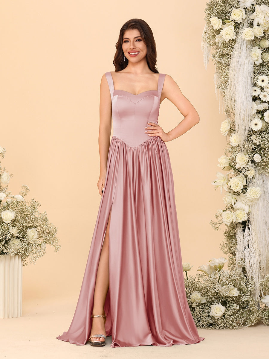 A-Line/Princess V-Neck Sleeveless Long Bridesmaid Dresses with Side Slit & Pleats - 画像 (16)