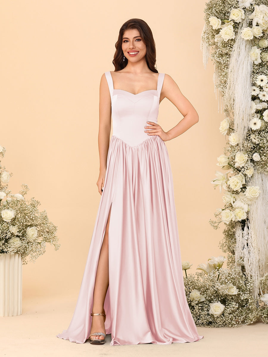 A-Line/Princess V-Neck Sleeveless Long Bridesmaid Dresses with Side Slit & Pleats - 画像 (31)