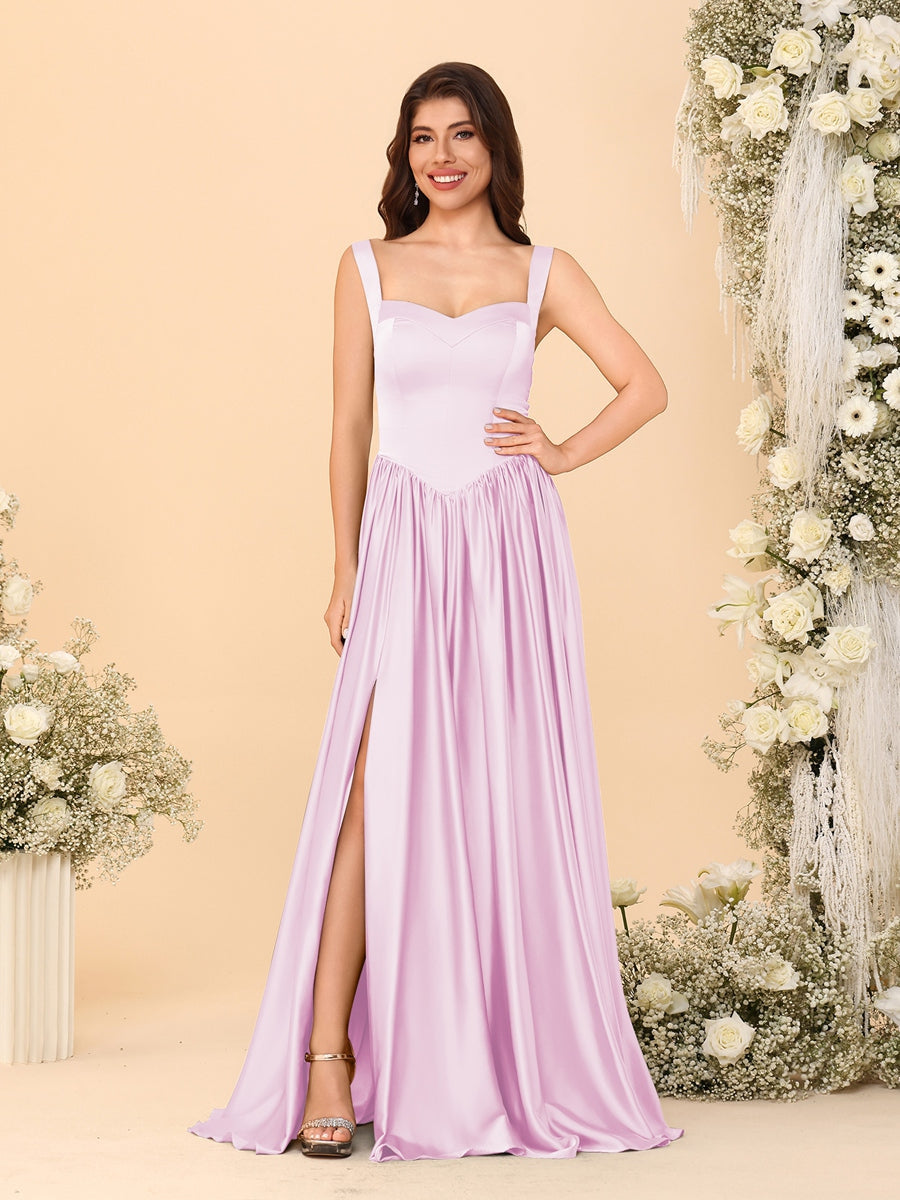 A-Line/Princess V-Neck Sleeveless Long Bridesmaid Dresses with Side Slit & Pleats - 画像 (55)