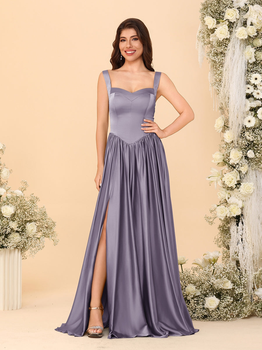 A-Line/Princess V-Neck Sleeveless Long Bridesmaid Dresses with Side Slit & Pleats - 画像 (64)