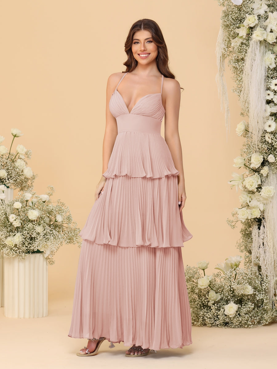 A-Line/Princess Spaghetti Straps Sleeveless Floor-Length Tiered Bridesmaid Dresses With  Pleats - 画像 (21)
