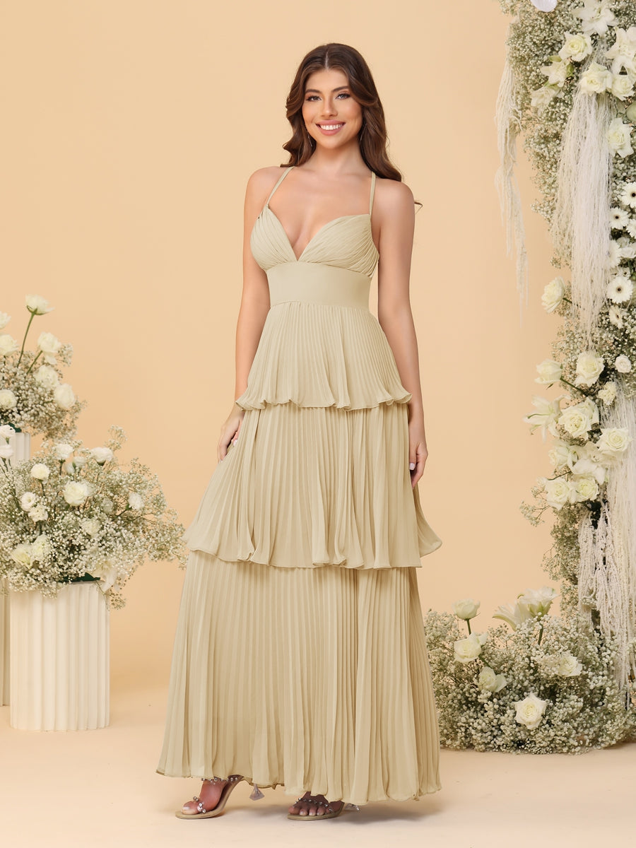 A-Line/Princess Spaghetti Straps Sleeveless Floor-Length Tiered Bridesmaid Dresses With  Pleats - 画像 (25)