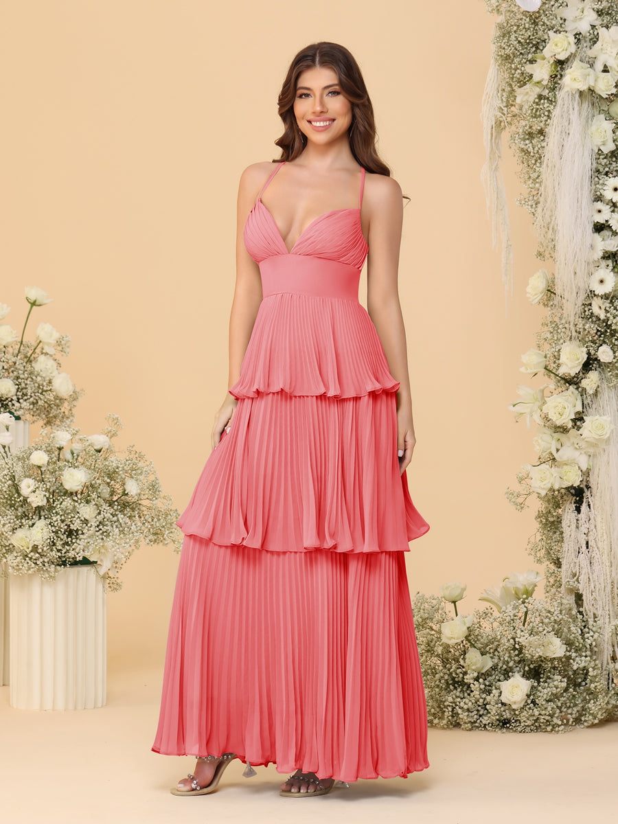 A-Line/Princess Spaghetti Straps Sleeveless Floor-Length Tiered Bridesmaid Dresses With  Pleats - 画像 (11)
