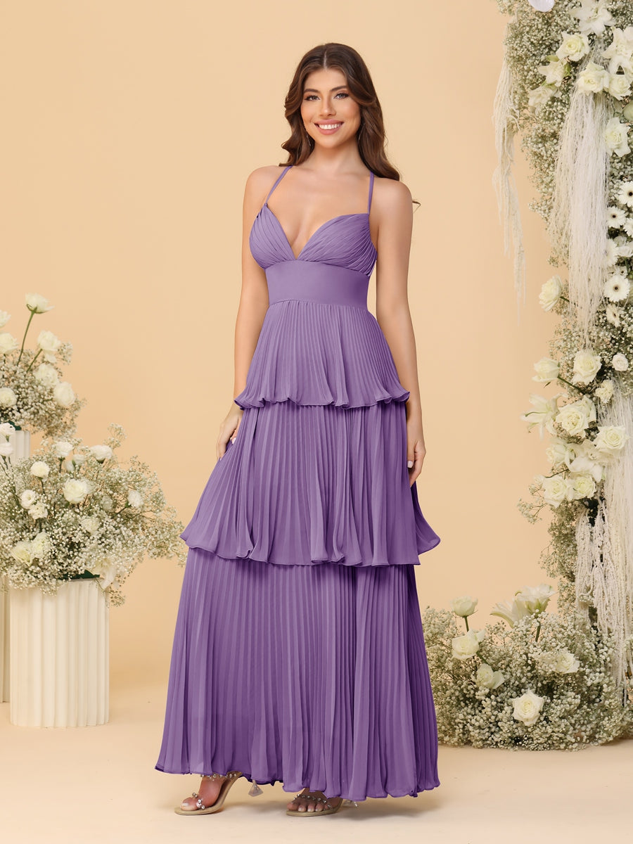 A-Line/Princess Spaghetti Straps Sleeveless Floor-Length Tiered Bridesmaid Dresses With  Pleats - 画像 (15)