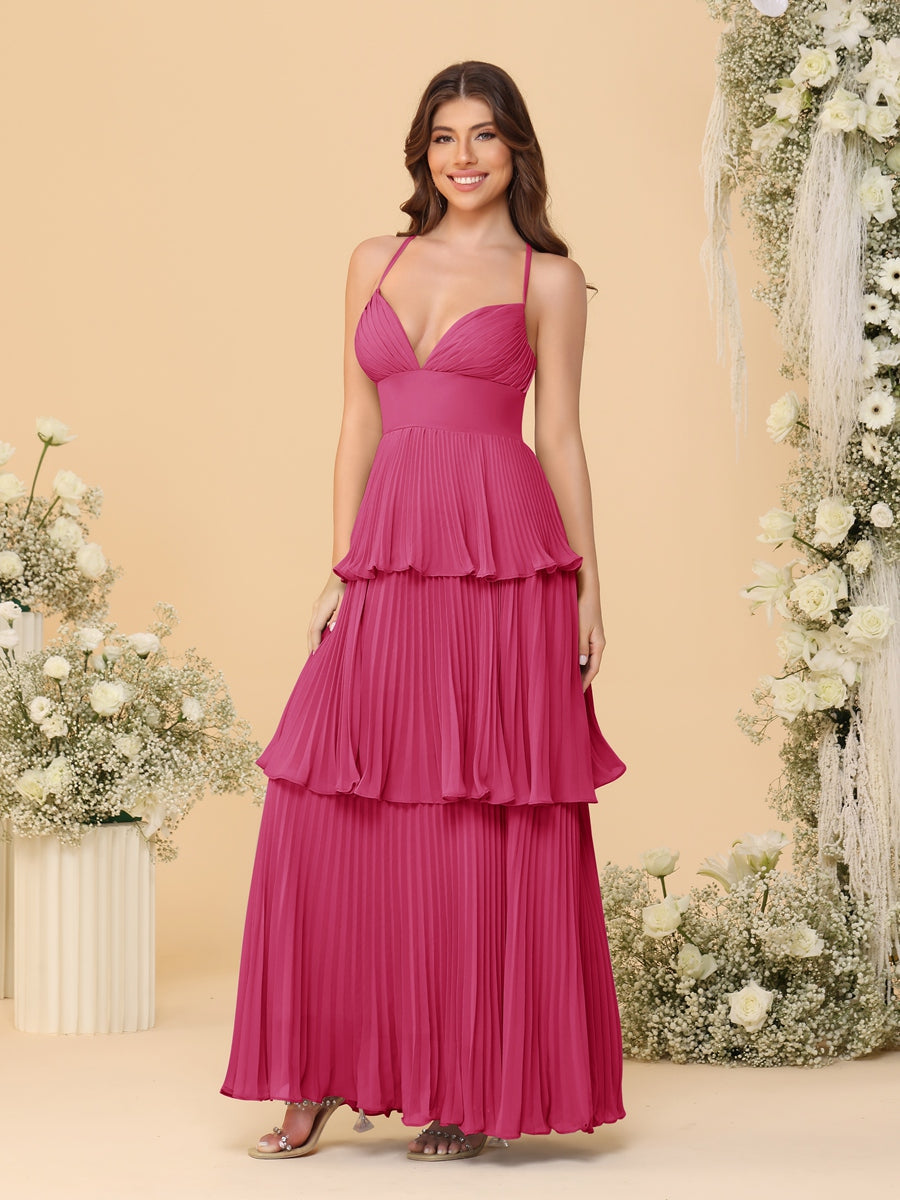 A-Line/Princess Spaghetti Straps Sleeveless Floor-Length Tiered Bridesmaid Dresses With  Pleats - 画像 (27)
