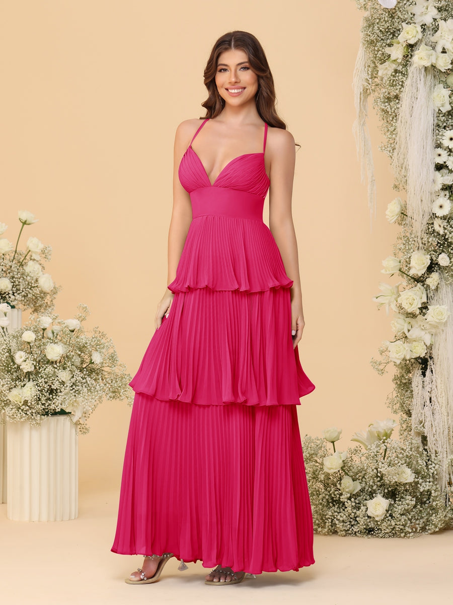 A-Line/Princess Spaghetti Straps Sleeveless Floor-Length Tiered Bridesmaid Dresses With  Pleats - 画像 (28)