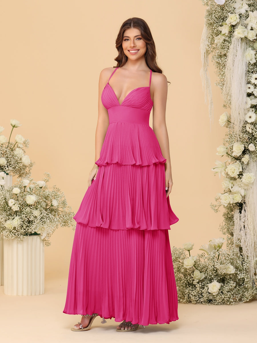 A-Line/Princess Spaghetti Straps Sleeveless Floor-Length Tiered Bridesmaid Dresses With  Pleats - 画像 (31)
