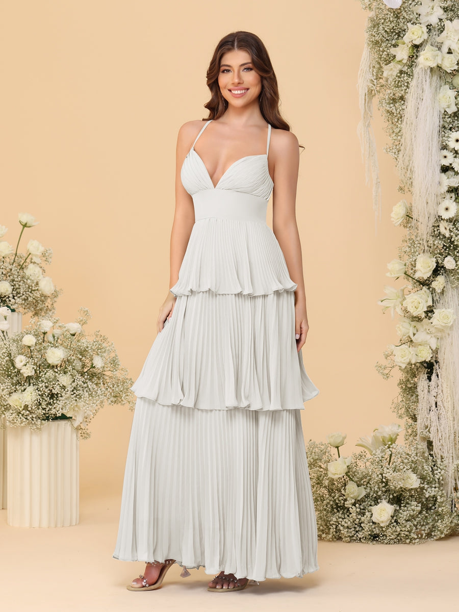 A-Line/Princess Spaghetti Straps Sleeveless Floor-Length Tiered Bridesmaid Dresses With  Pleats - 画像 (41)