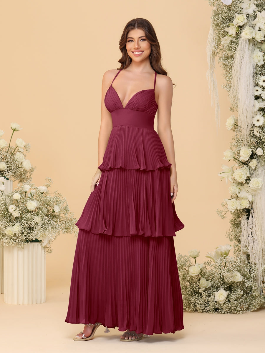 A-Line/Princess Spaghetti Straps Sleeveless Floor-Length Tiered Bridesmaid Dresses With  Pleats - 画像 (43)