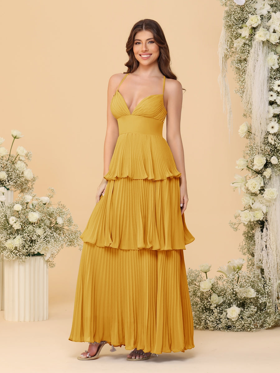 A-Line/Princess Spaghetti Straps Sleeveless Floor-Length Tiered Bridesmaid Dresses With  Pleats - 画像 (35)