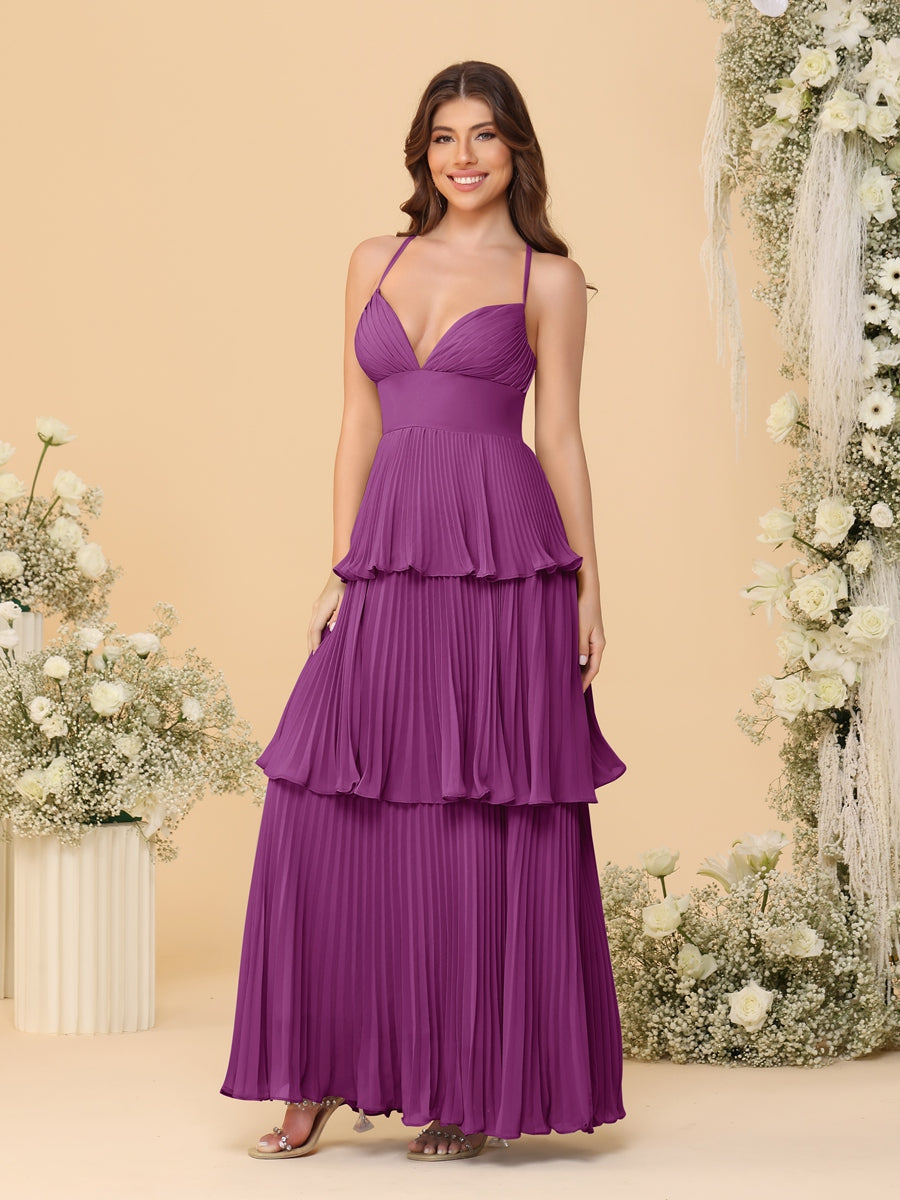 A-Line/Princess Spaghetti Straps Sleeveless Floor-Length Tiered Bridesmaid Dresses With  Pleats - 画像 (52)