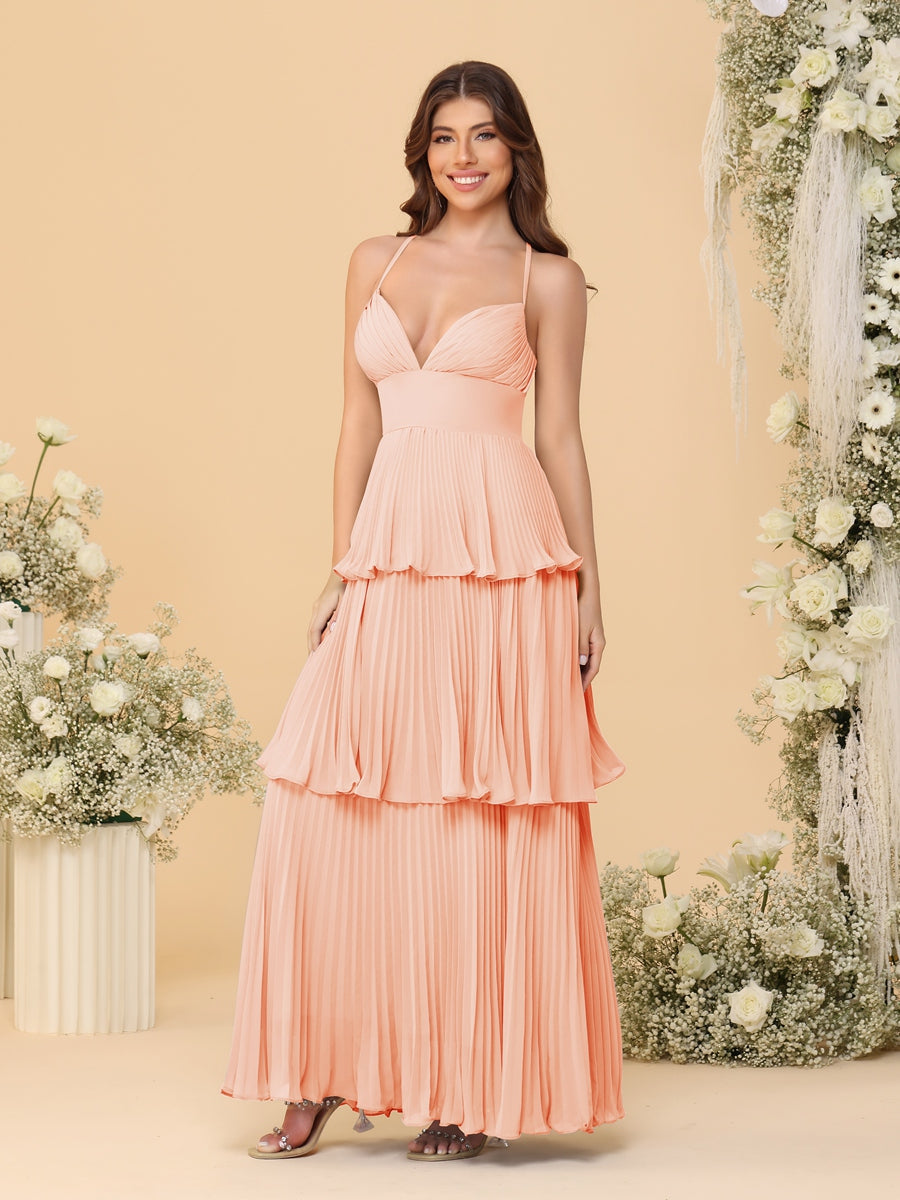 A-Line/Princess Spaghetti Straps Sleeveless Floor-Length Tiered Bridesmaid Dresses With  Pleats - 画像 (53)