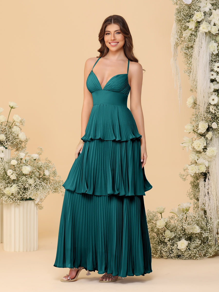 A-Line/Princess Spaghetti Straps Sleeveless Floor-Length Tiered Bridesmaid Dresses With  Pleats - 画像 (54)