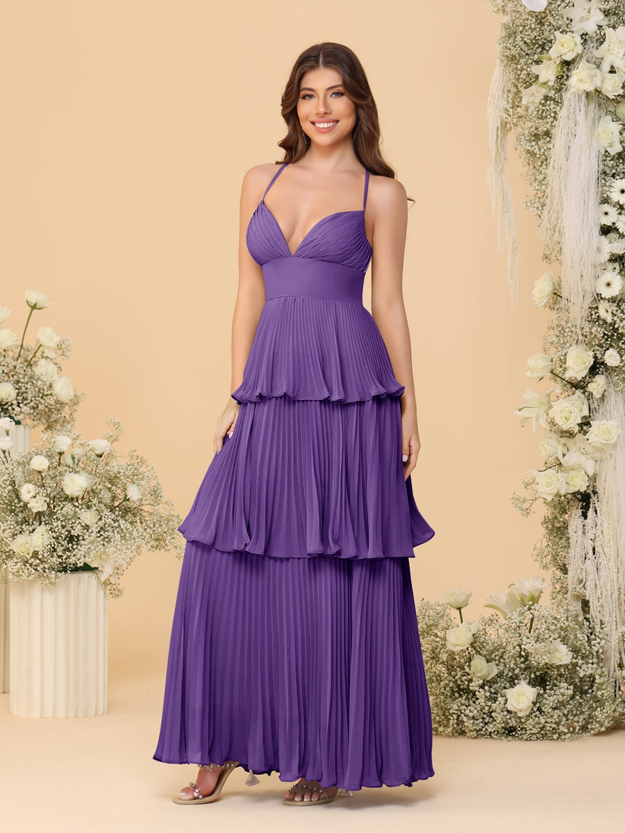A-Line/Princess Spaghetti Straps Sleeveless Floor-Length Tiered Bridesmaid Dresses With  Pleats - 画像 (55)