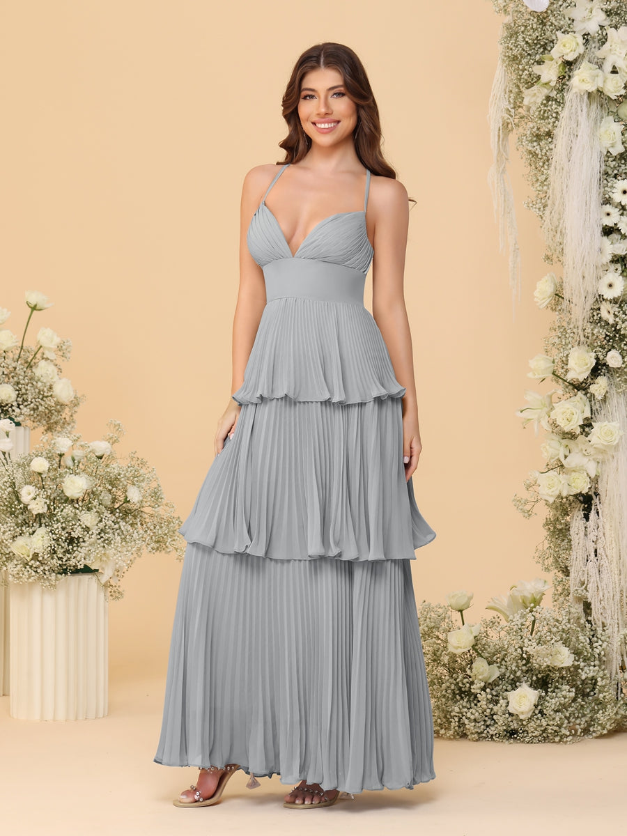 A-Line/Princess Spaghetti Straps Sleeveless Floor-Length Tiered Bridesmaid Dresses With  Pleats - 画像 (74)