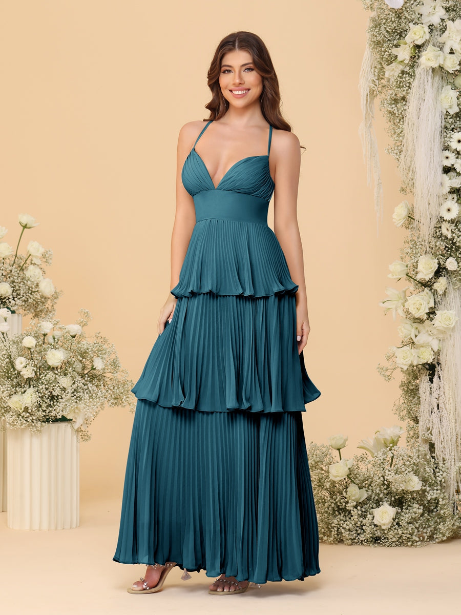 A-Line/Princess Spaghetti Straps Sleeveless Floor-Length Tiered Bridesmaid Dresses With  Pleats - 画像 (63)