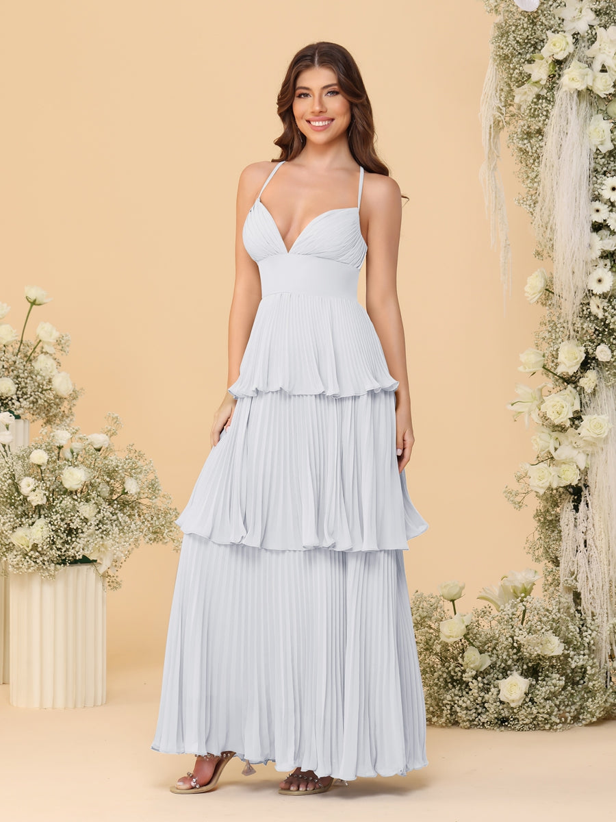 A-Line/Princess Spaghetti Straps Sleeveless Floor-Length Tiered Bridesmaid Dresses With  Pleats - 画像 (75)