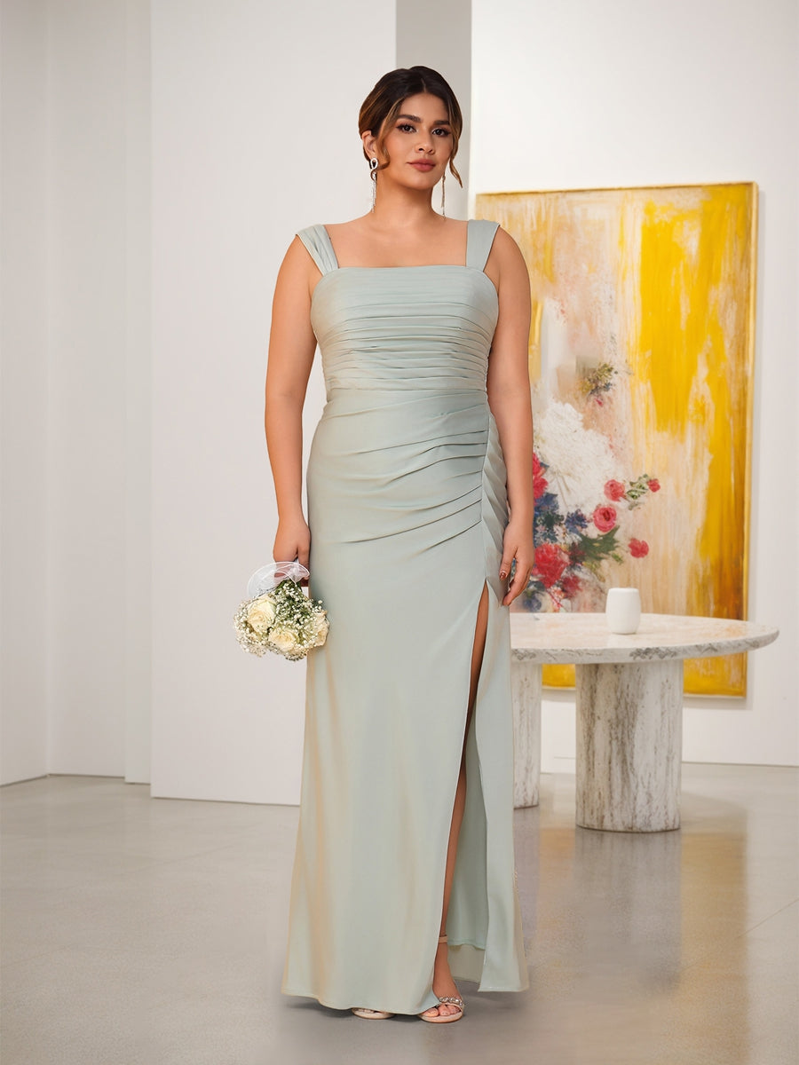 Sheath/Column Square Neck Sleeveless Floor-Length Ruched Plus Size Bridesmaid Dresses With Side Slit