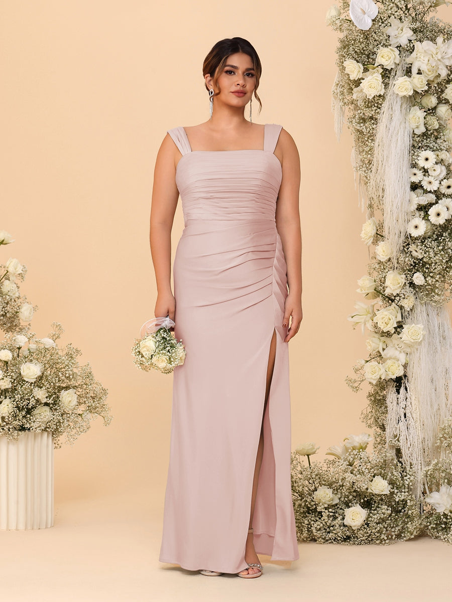 Sheath/Column Square Neck Sleeveless Floor-Length Ruched Plus Size Bridesmaid Dresses With Side Slit - Image 23