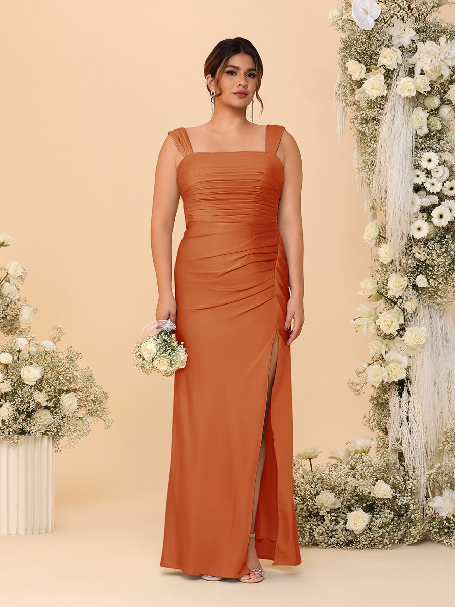 Sheath/Column Square Neck Sleeveless Floor-Length Ruched Plus Size Bridesmaid Dresses With Side Slit - Image 25