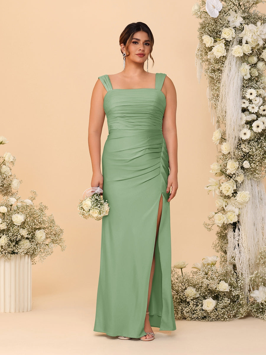 Sheath/Column Square Neck Sleeveless Floor-Length Ruched Plus Size Bridesmaid Dresses With Side Slit - Image 30