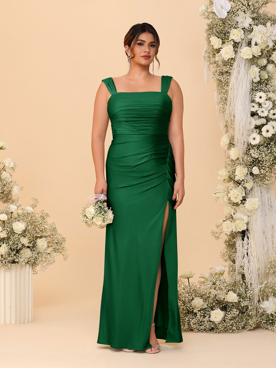 Sheath/Column Square Neck Sleeveless Floor-Length Ruched Plus Size Bridesmaid Dresses With Side Slit - Image 31