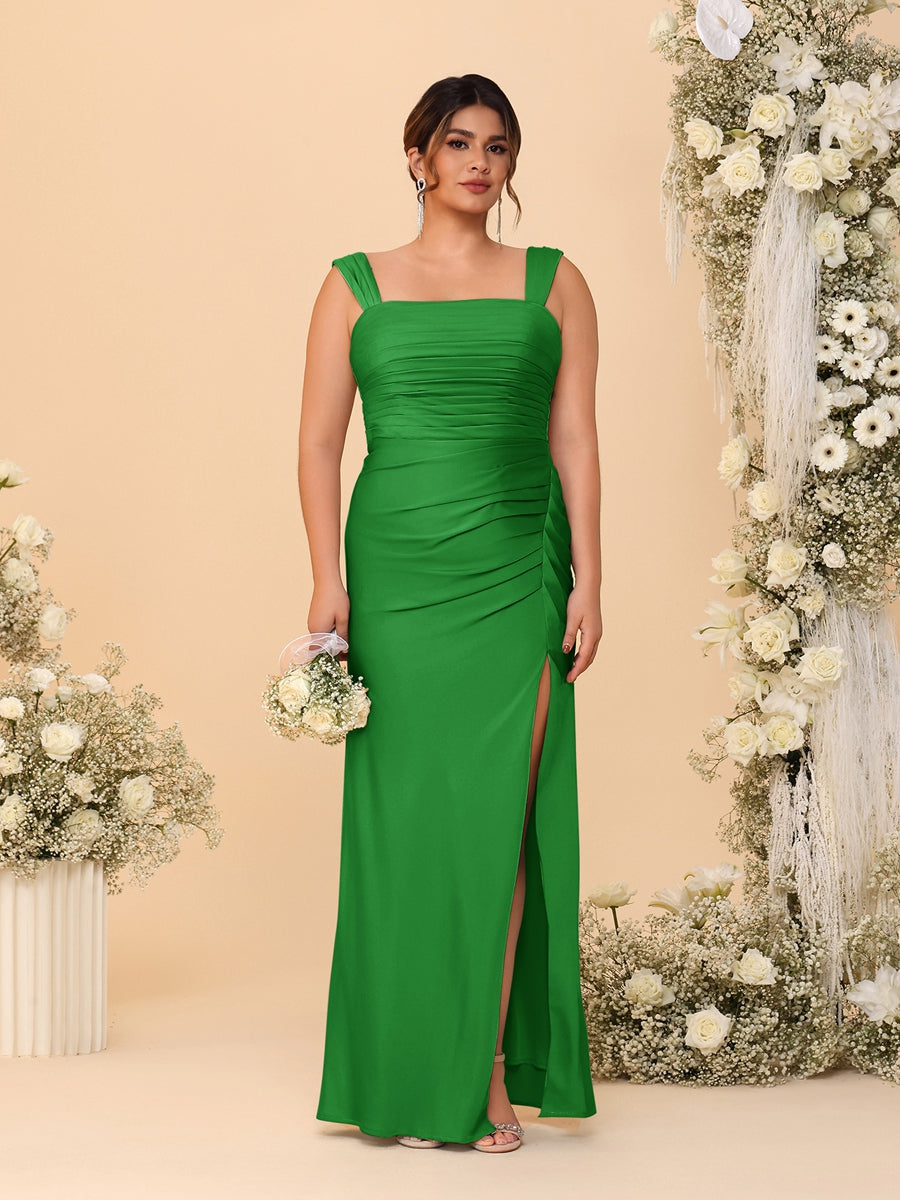 Sheath/Column Square Neck Sleeveless Floor-Length Ruched Plus Size Bridesmaid Dresses With Side Slit - Image 37
