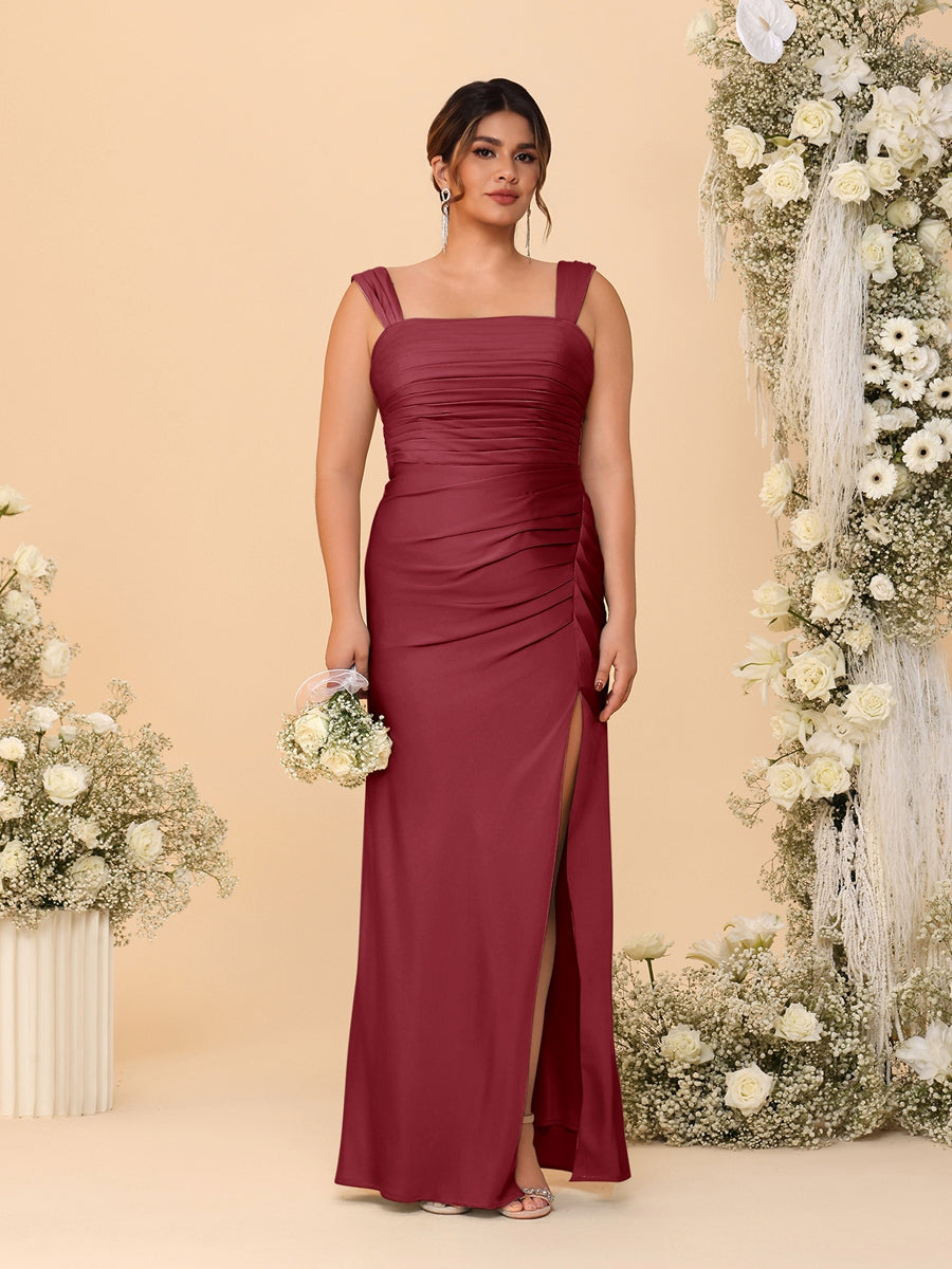 Sheath/Column Square Neck Sleeveless Floor-Length Ruched Plus Size Bridesmaid Dresses With Side Slit - Image 41