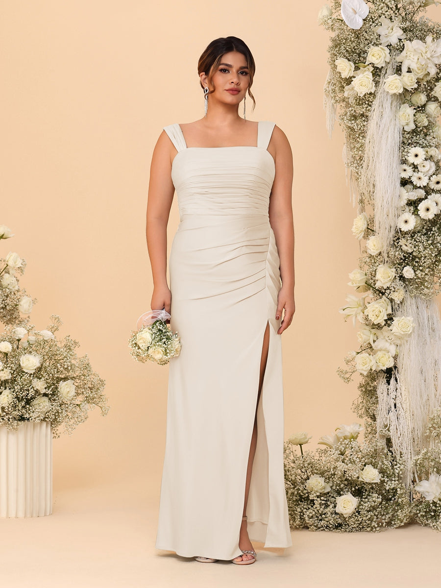 Sheath/Column Square Neck Sleeveless Floor-Length Ruched Plus Size Bridesmaid Dresses With Side Slit - Image 12