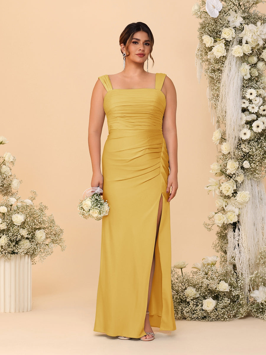 Sheath/Column Square Neck Sleeveless Floor-Length Ruched Plus Size Bridesmaid Dresses With Side Slit - Image 15