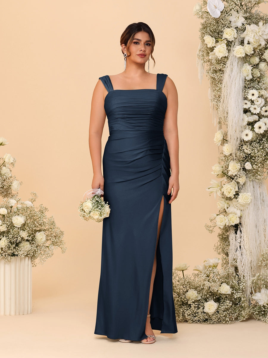 Sheath/Column Square Neck Sleeveless Floor-Length Ruched Plus Size Bridesmaid Dresses With Side Slit - Image 16