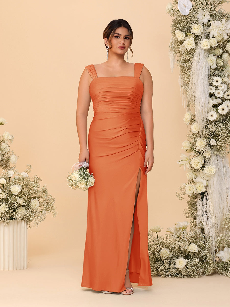 Sheath/Column Square Neck Sleeveless Floor-Length Ruched Plus Size Bridesmaid Dresses With Side Slit - Image 48