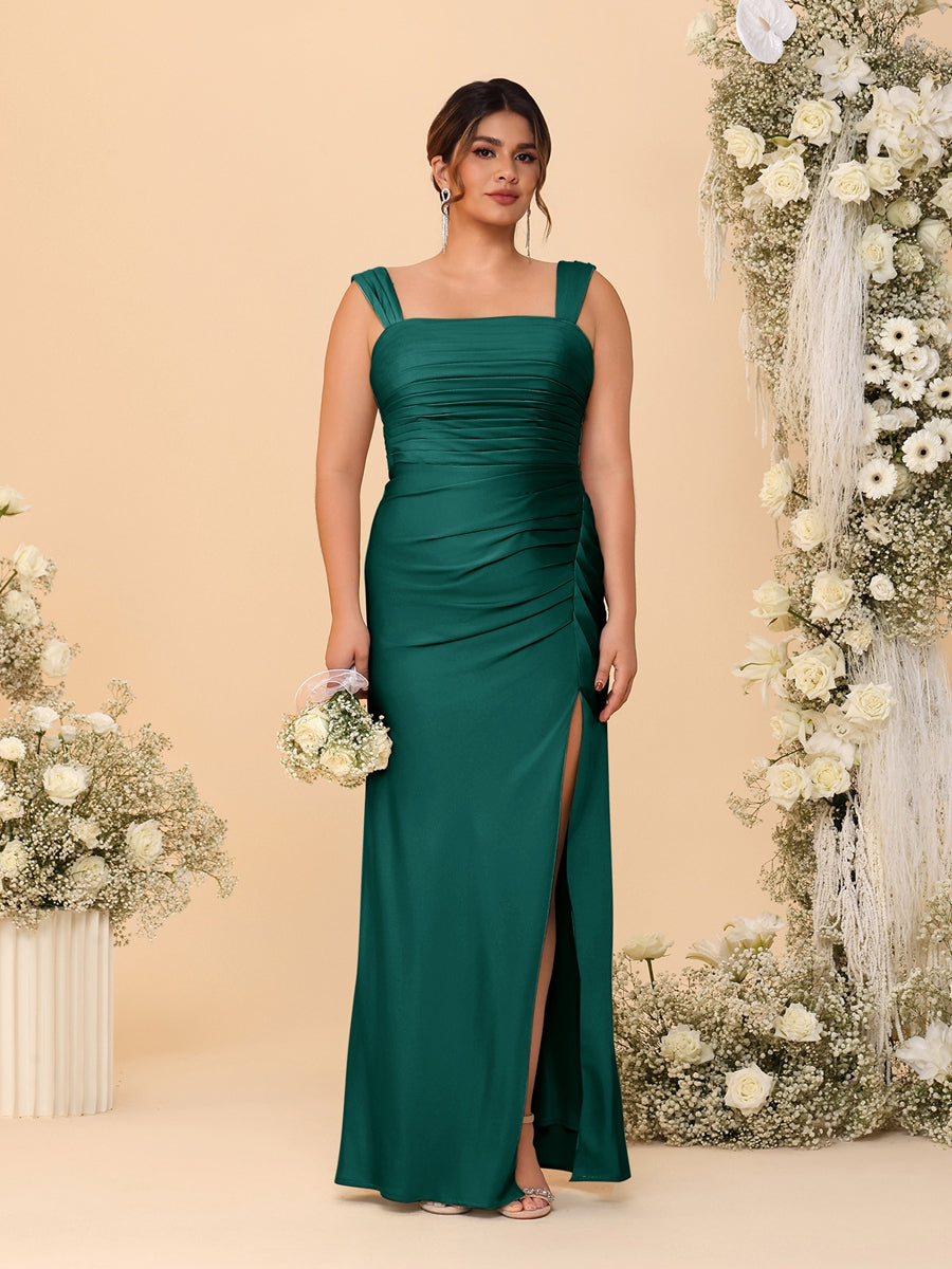 Sheath/Column Square Neck Sleeveless Floor-Length Ruched Plus Size Bridesmaid Dresses With Side Slit - Image 51