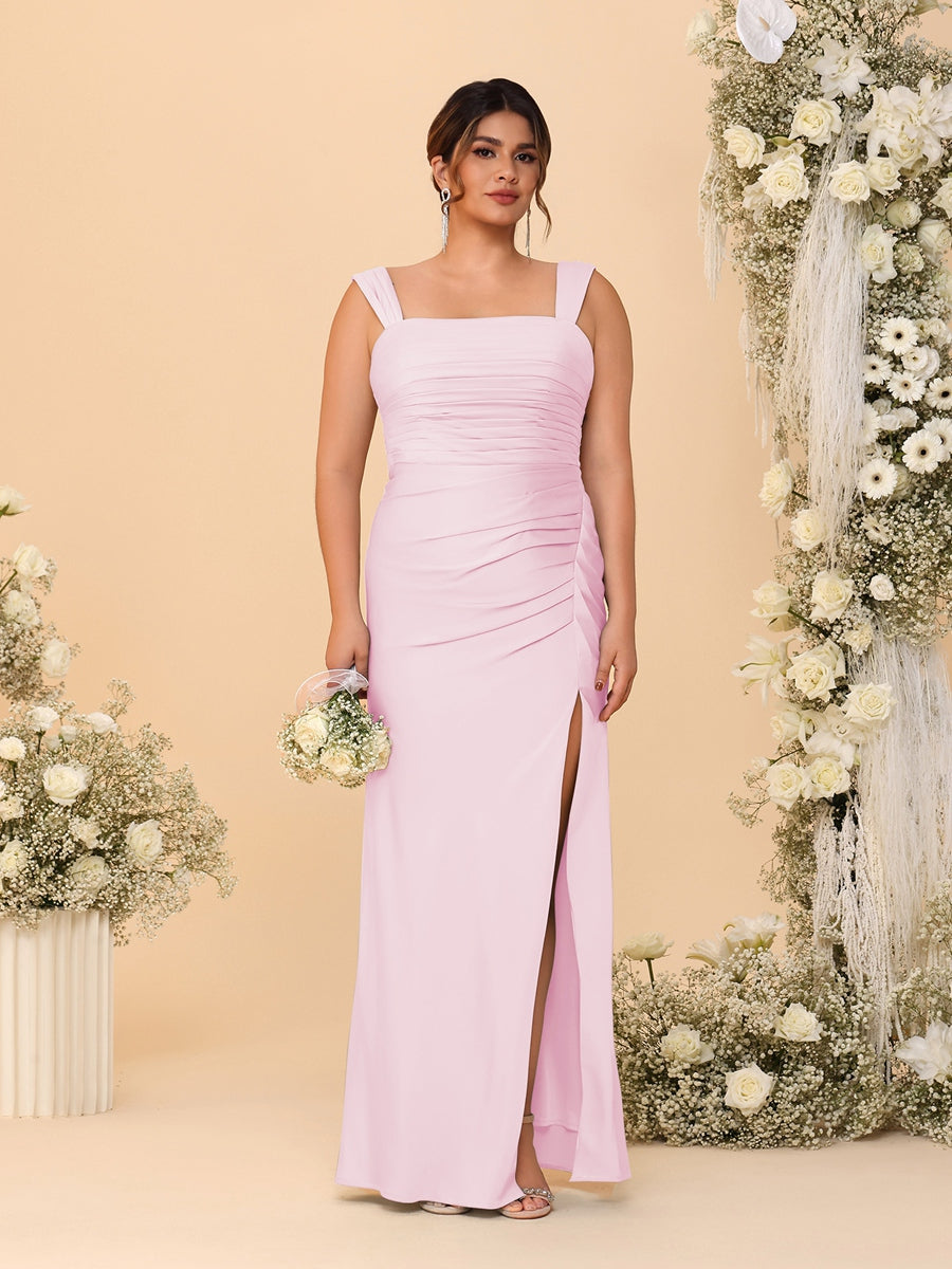 Sheath/Column Square Neck Sleeveless Floor-Length Ruched Plus Size Bridesmaid Dresses With Side Slit - Image 17