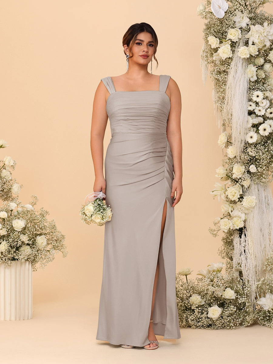 Sheath/Column Square Neck Sleeveless Floor-Length Ruched Plus Size Bridesmaid Dresses With Side Slit - Image 21