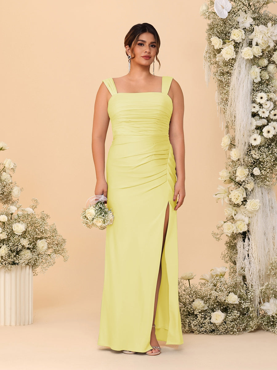 Sheath/Column Square Neck Sleeveless Floor-Length Ruched Plus Size Bridesmaid Dresses With Side Slit - Image 22