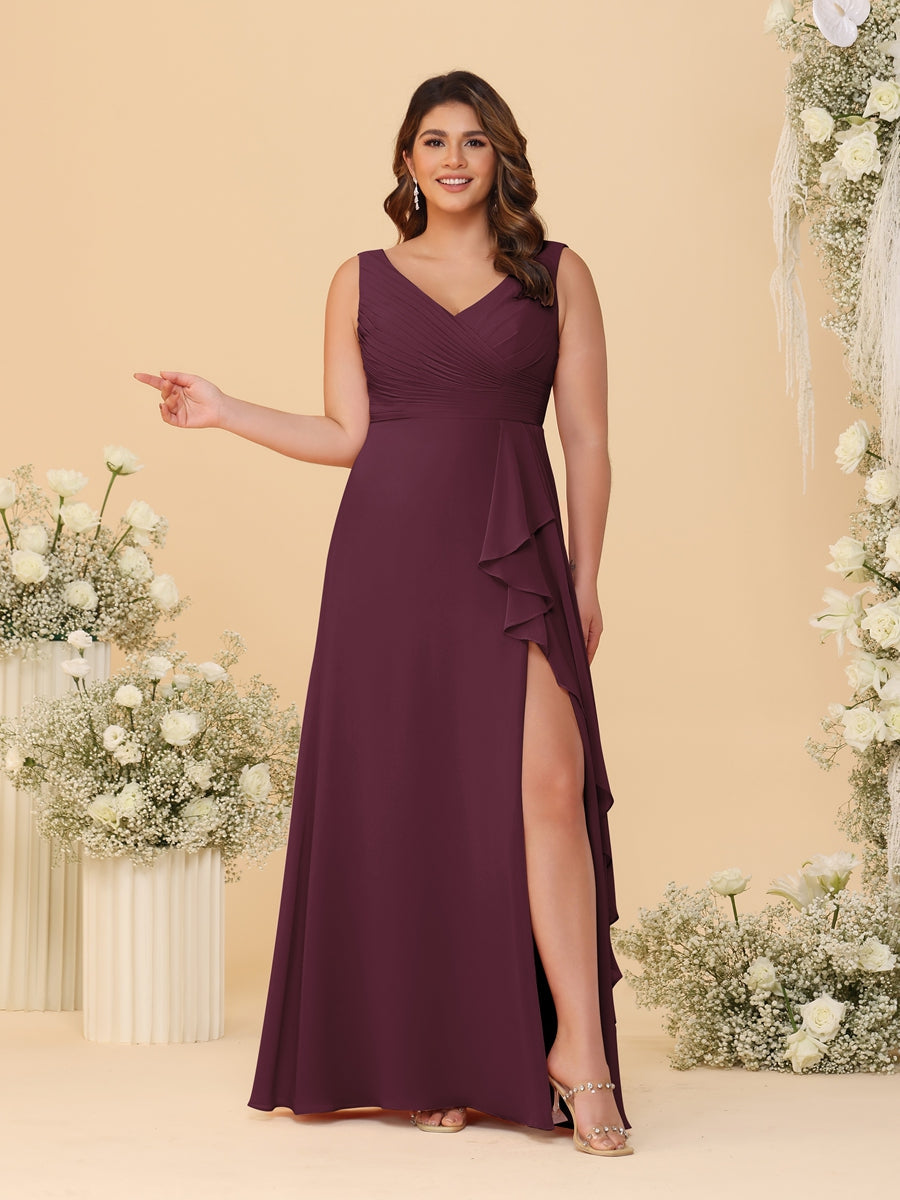 A-Line/Princess V-Neck Sleeveless Ruched Chiffon Plus Size Bridesmaid Dresses With Side Slit & Ruffles - Image 24