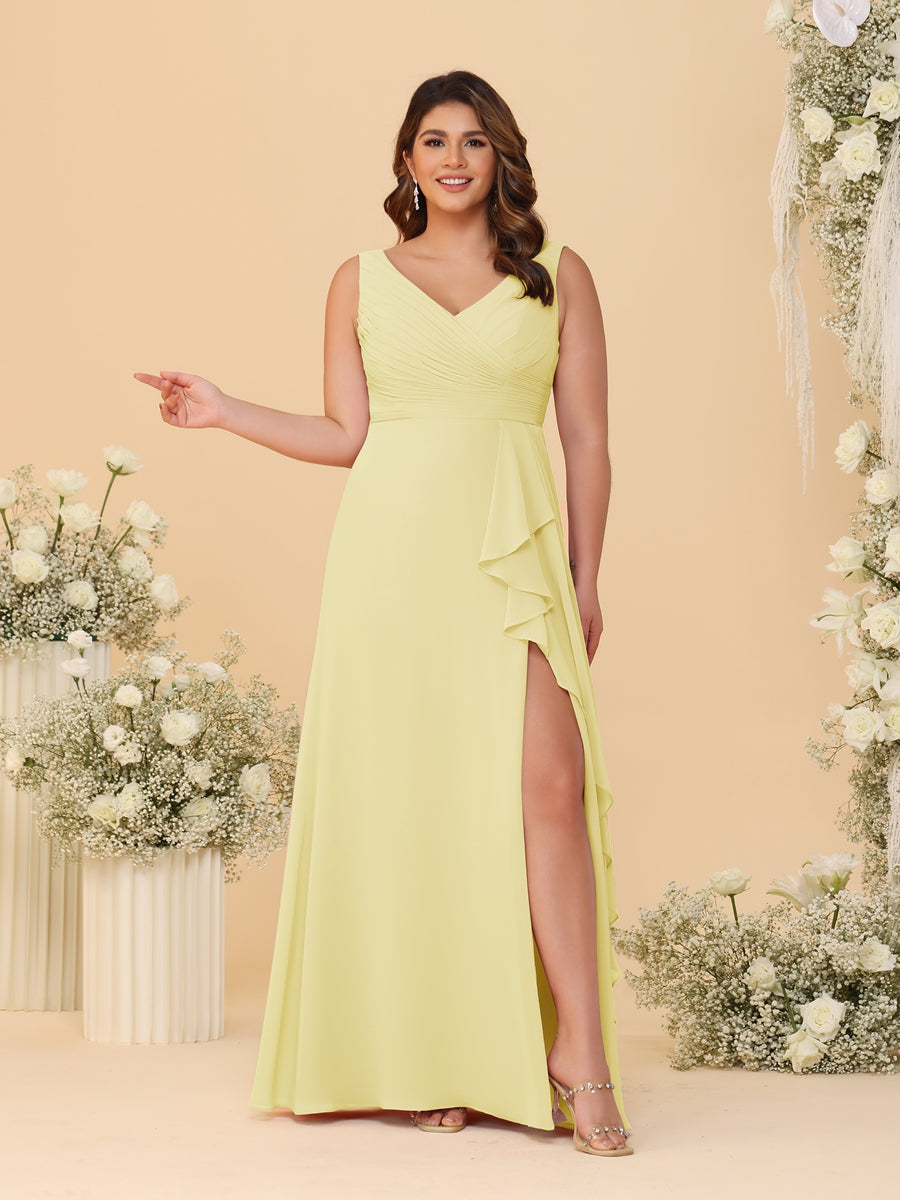 A-Line/Princess V-Neck Sleeveless Ruched Chiffon Plus Size Bridesmaid Dresses With Side Slit & Ruffles - Image 3