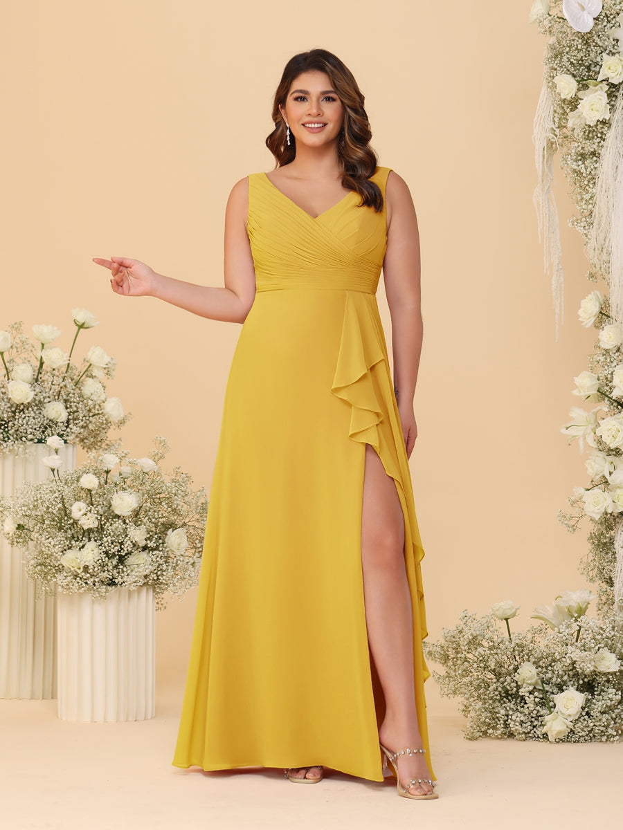 A-Line/Princess V-Neck Sleeveless Ruched Chiffon Plus Size Bridesmaid Dresses With Side Slit & Ruffles - Image 43