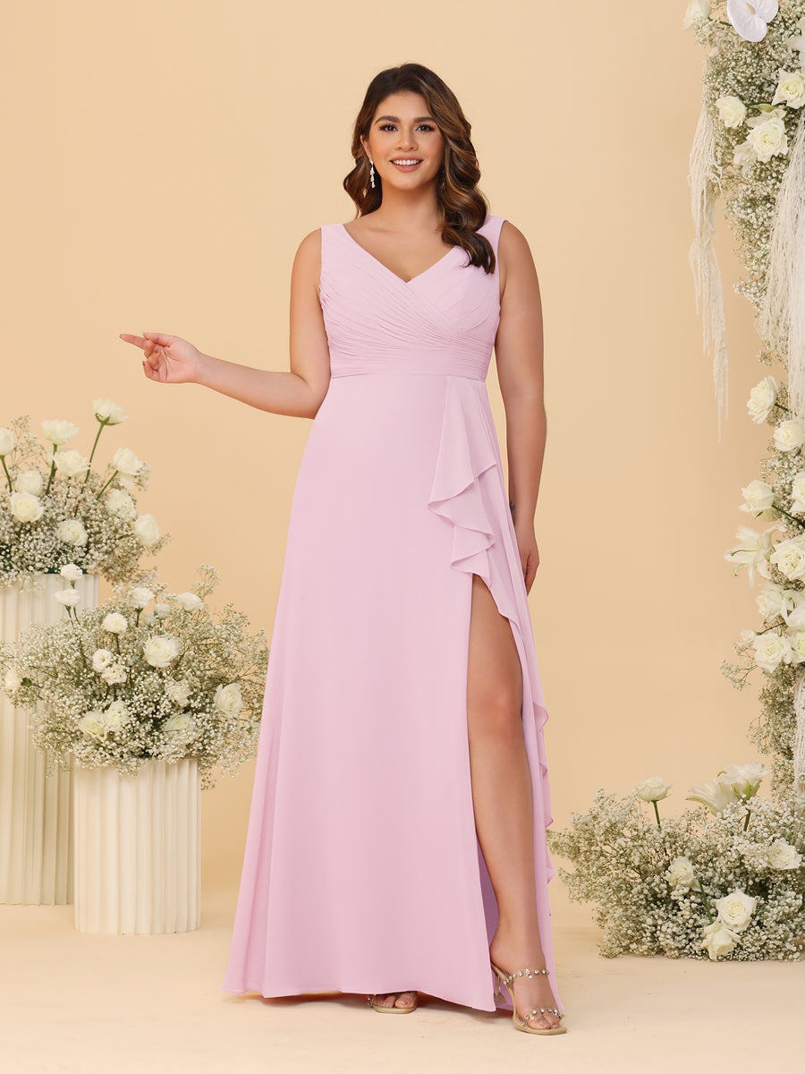 A-Line/Princess V-Neck Sleeveless Ruched Chiffon Plus Size Bridesmaid Dresses With Side Slit & Ruffles - Image 47