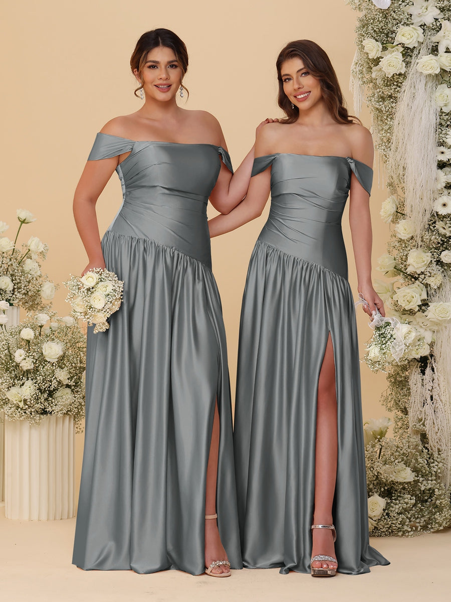 A-Line/Princess Off-the-Shoulder Ruched Long Bridesmaid Dresses With Side Slit & Pleats - Image 51