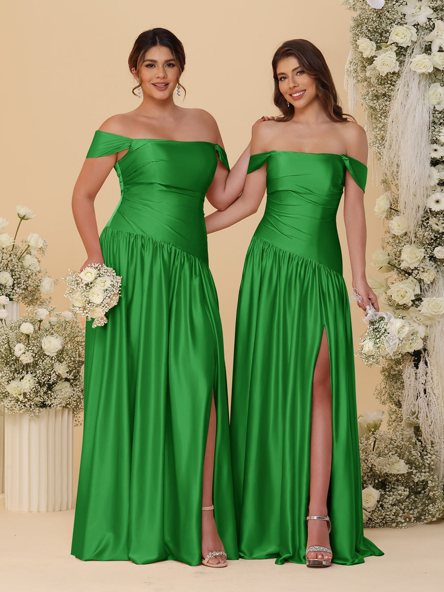 A-Line/Princess Off-the-Shoulder Ruched Long Bridesmaid Dresses With Side Slit & Pleats - Image 52
