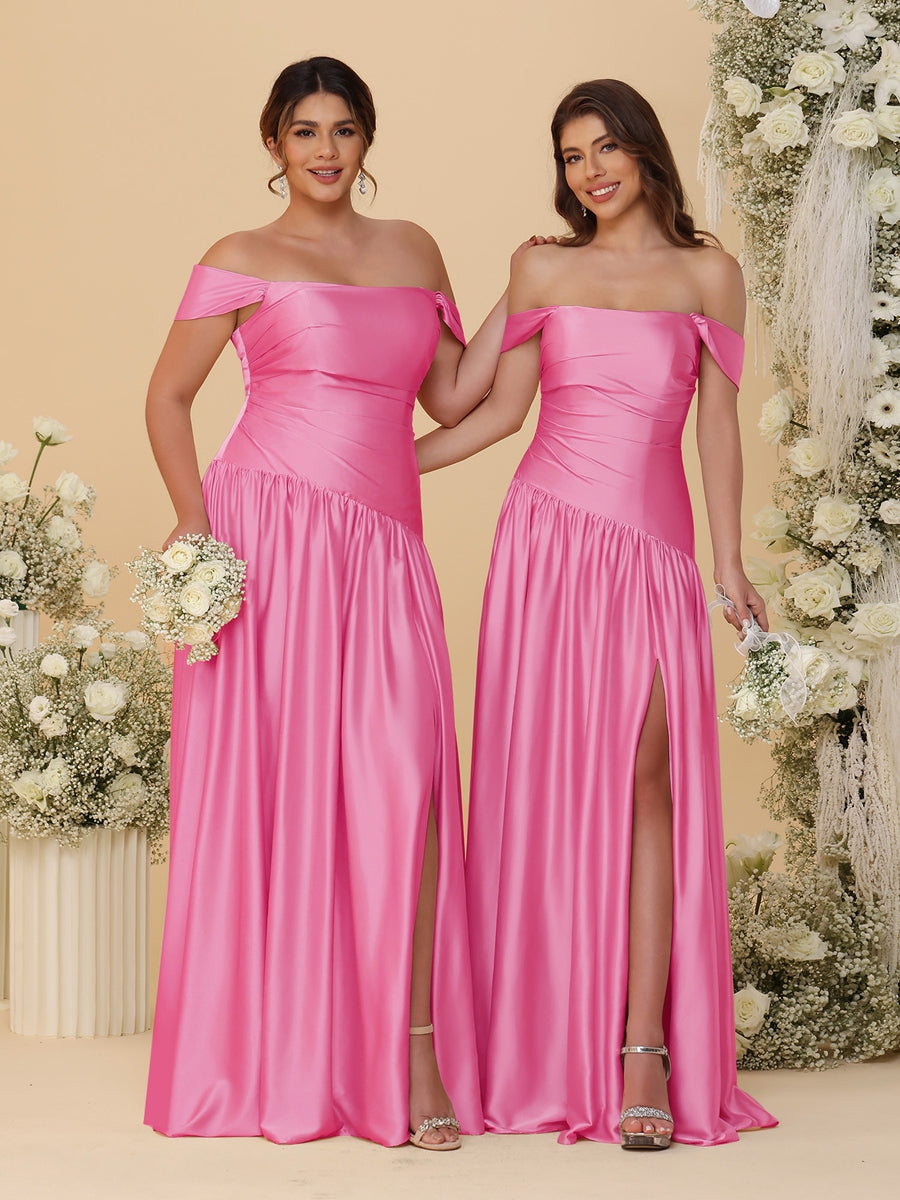 A-Line/Princess Off-the-Shoulder Ruched Long Bridesmaid Dresses With Side Slit & Pleats - Image 66